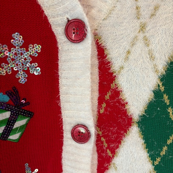 Holiday Time Christmas Gnome Argyle Festive Cardigan Sweater Womens size Large - Picture 2 of 16
